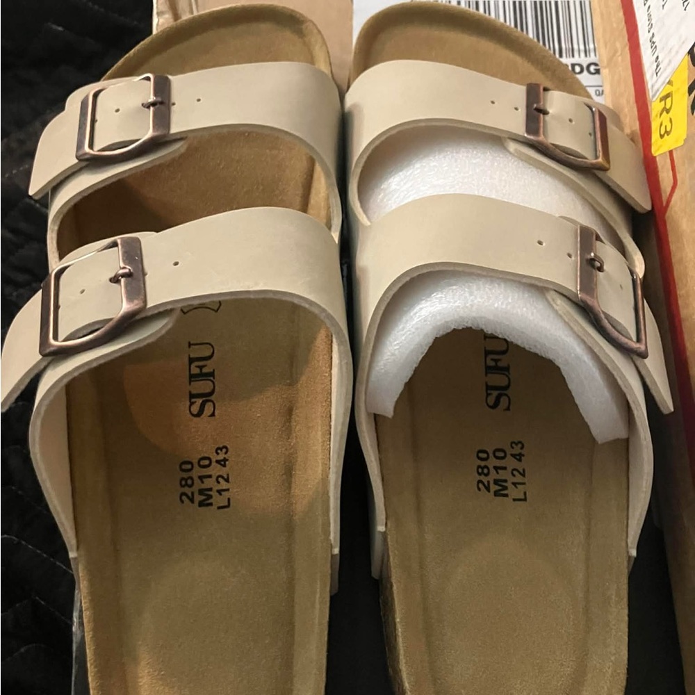 SUFU Beige Two-Buckle Suede Slide Sandals